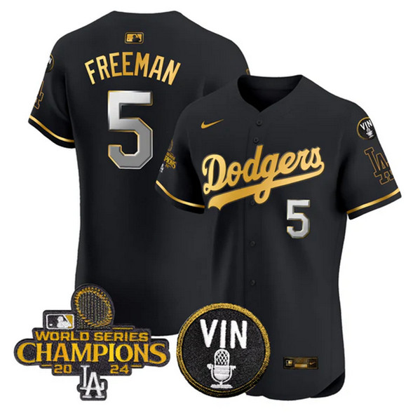Men's Los Angeles Dodgers #5 Freddie Freeman Black/Gold 2024 World Series Champions With Vin Patch Vapor Limited Stitched Baseball Jersey Men's Los Angeles Dodgers #5 Freddie Freeman Black/Gold 2024 World Series Champions With Vin Patch Vapor Limited Stitched Baseball Jersey